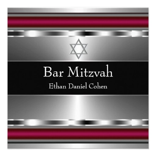 Black Red Star of David Bar Mitzvah Invites (front side)