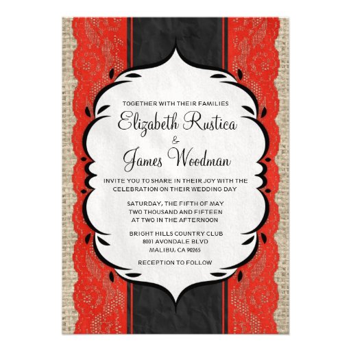 Black Red Vintage Linen Burlap Wedding Invitations