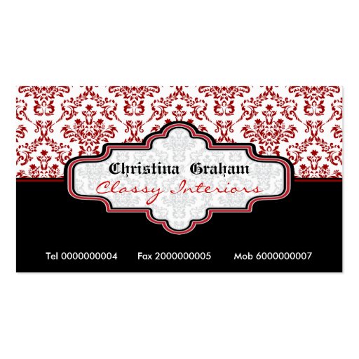 Black red white damask interiors business card (front side)