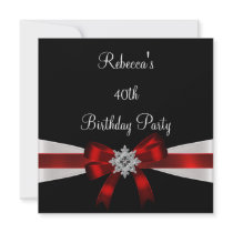 Black Red White Jewel Bow 40th Elegant Birthday Custom Invitation