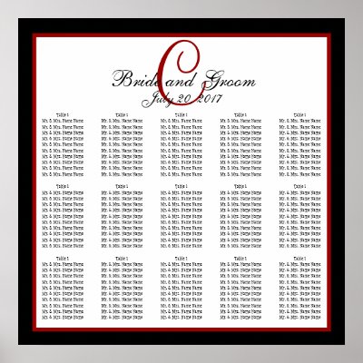 Black Red White Monogram Wedding Seating Chart 150 Posters