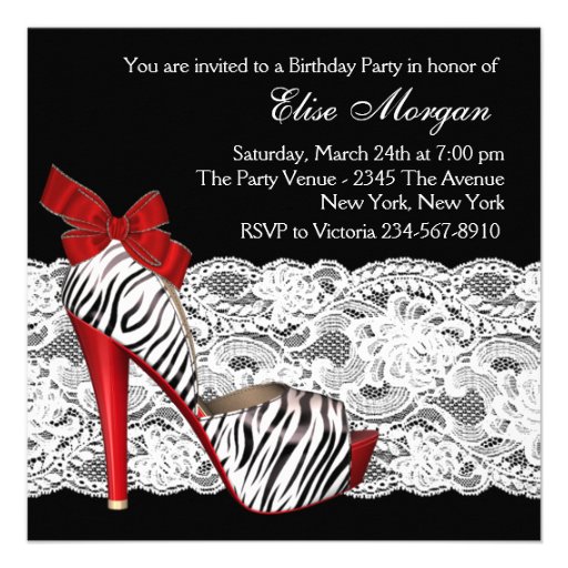 Black Red Zebra Birthday Party Invitations