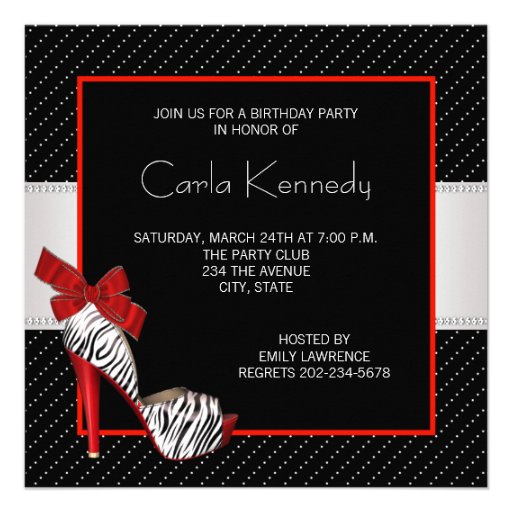Black Red Zebra Birthday Party Invitations