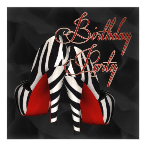 Black Red Zebra High Heel Shoe Birthday Party Personalized Invites