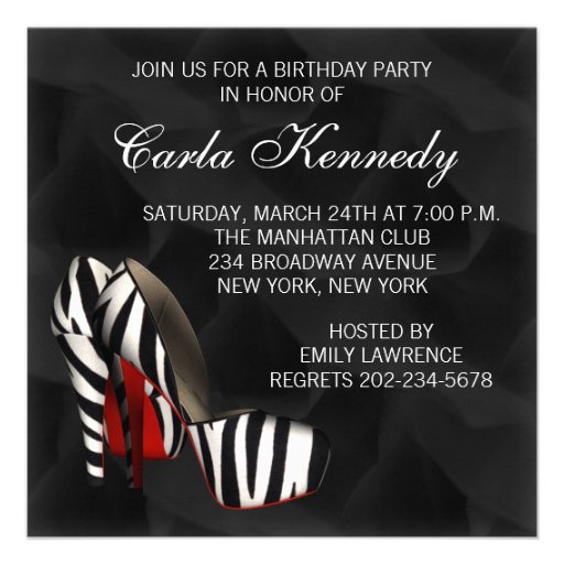 Black Red Zebra High Heel Shoe Birthday Party Personalized Invites