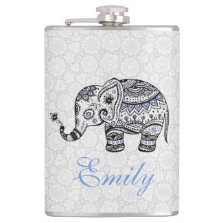 Black Retro Flowers & Elephant Blue Diamonds Hip Flask