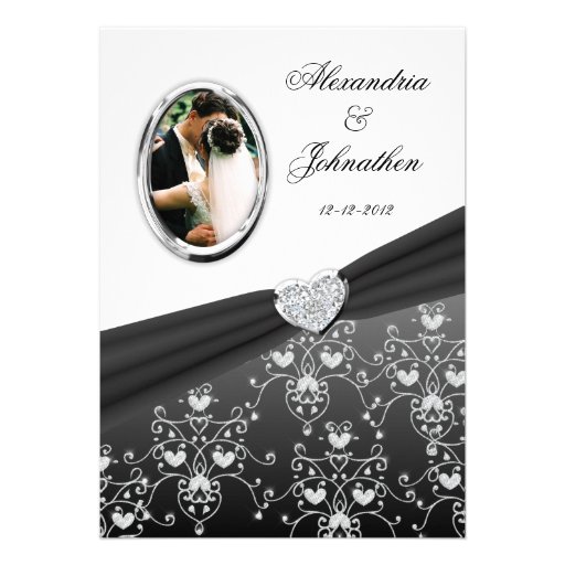 Black Ribbon Heart Damask Wedding Photo Invitation