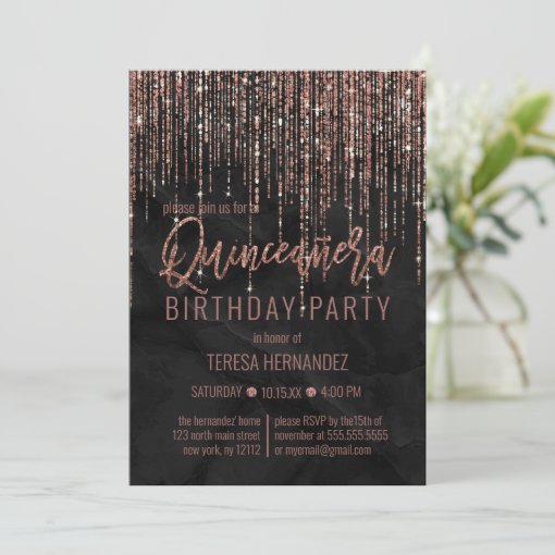 Black Rose Gold Glitter Pearl Marble Quinceañera Invitation Zazzle