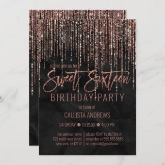 Black Rose Gold Glitter Pearl Marble Sweet Invitation Zazzle