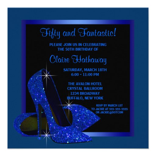 Black Royal Blue High Heels Womans Birthday Party Custom Invite