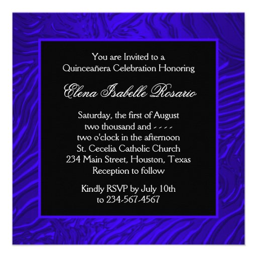 Black Royal Blue Zebra Quinceanera Announcements