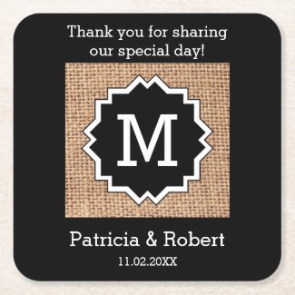 Black Rustic Burlap Wedding Monogrammed Thank You Square Paper Coaster