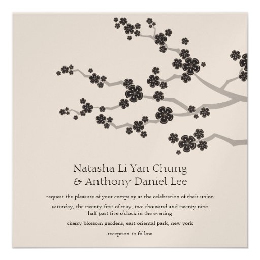 Black Sakura Cherry Blossoms Oriental Zen Wedding  Invitation