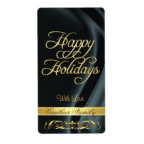 Black Satin Gold Scroll Happy Holidays Wine Label