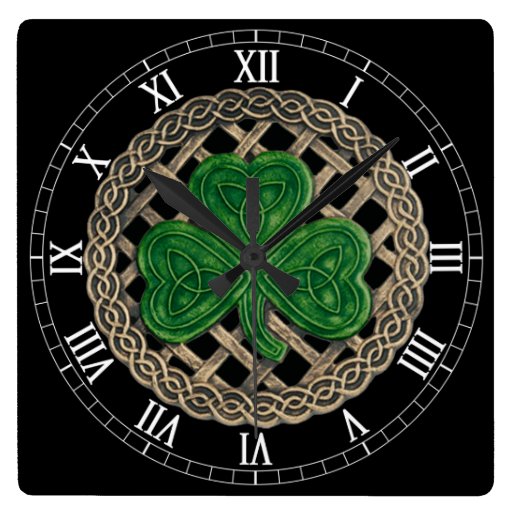 black-shamrock-celtic-knots-roman-numerals-clock-zazzle