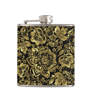 Black & Shiny Gold Flowers Pattern Hip Flasks