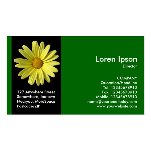 Black Side Band Flower - Yellow Daisy - Green Business Cards (front side)