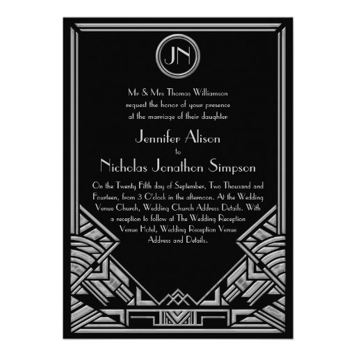 Black Silver Art Deco Gatsby Style Wedding Invites