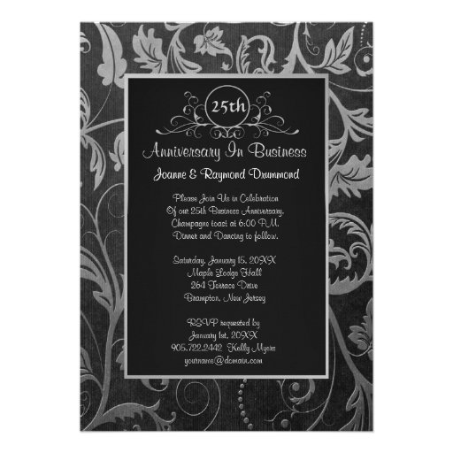 Black - Silver Damask 25th Business Anniversary Custom Announcement (front side)