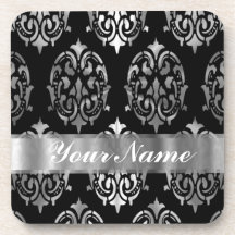 Black & silver damask beverage coaster
