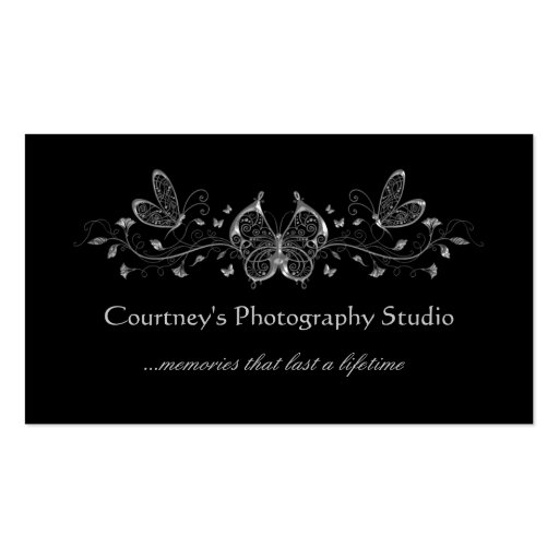 Black Silver Filigree Butterflies Business Cards (front side)