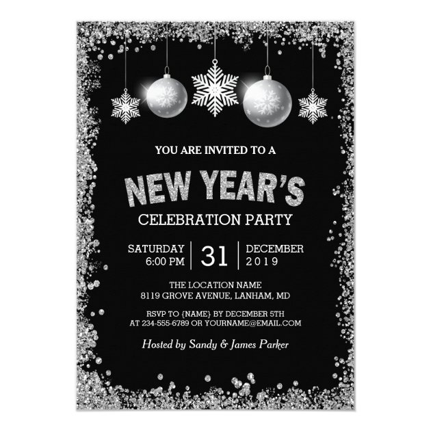 Black Silver Glitters New Year's Eve Party Card (front side)