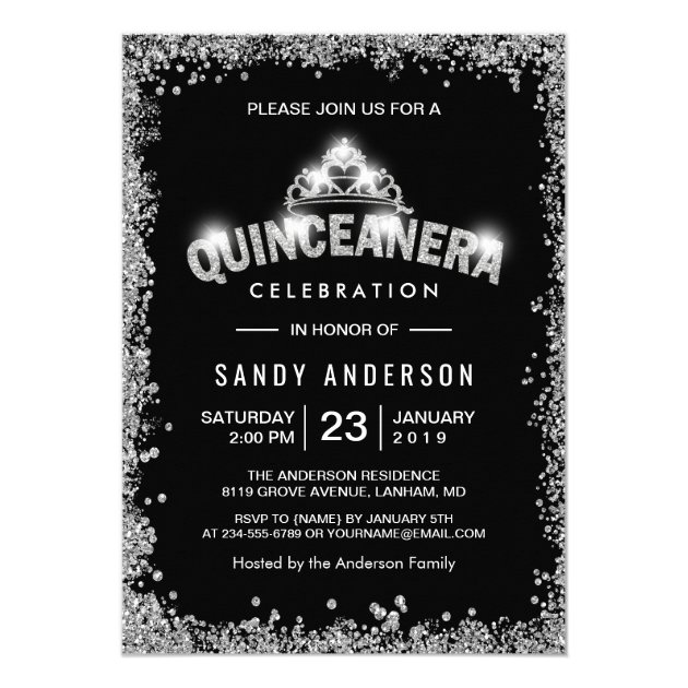 Black Silver Glitters Quinceanera 15th Birthday Card