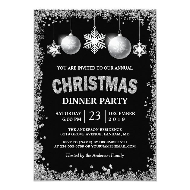 Black Silver Glitters Snowflakes Christmas Party Card (front side)