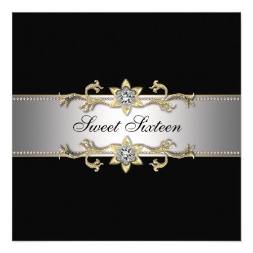 Black Silver Gold Classy Sweet Sixteen Party Personalized Announcements