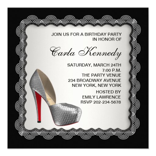 Black & Silver High Heel Shoe Birthday Party Personalized Announcements