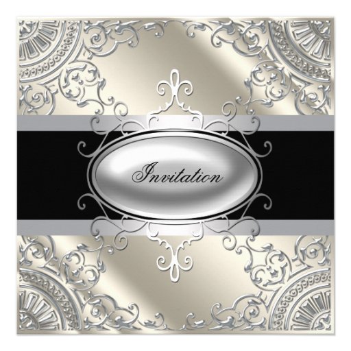 Black Silver Ivory Black White Party Personalized Invite (front side)