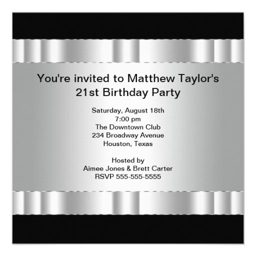 Black Silver Mans 21st Birthday Party Custom Invite