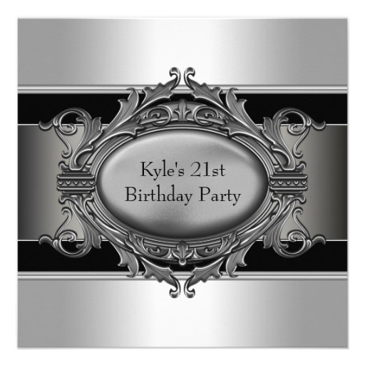 Black Silver Mans 21st Birthday Party Personalized Announcements (front side)