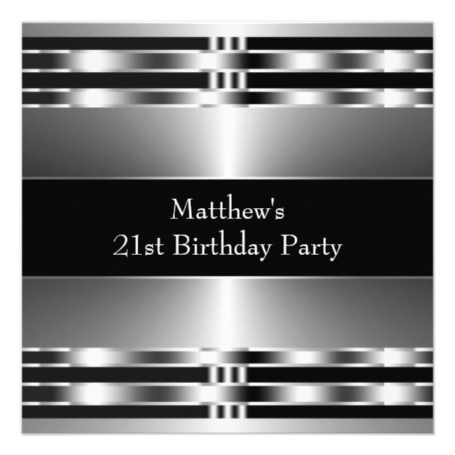 Black Silver Mans 21st Birthday Party Custom Invite (front side)