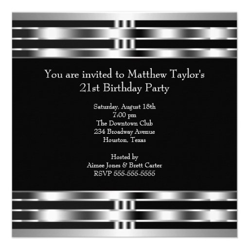 Black Silver Mans 21st Birthday Party Custom Invite