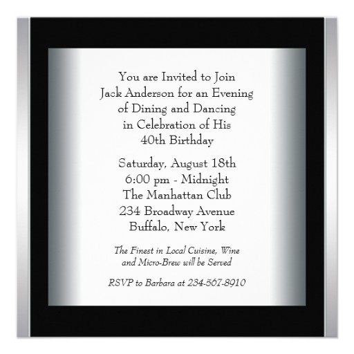 Black Silver Mans 40th Birthday Party Personalized Announcement