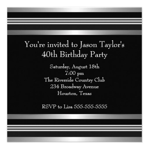 Black Silver Mans 40th Birthday Party Custom Invitations