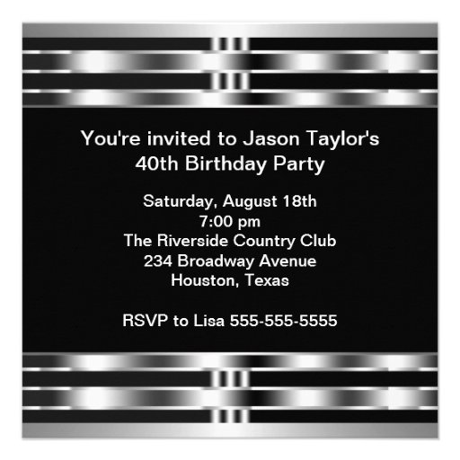 Black Silver Mans 40th Birthday Party Personalized Invitation