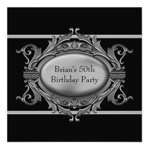 Black Silver Mans 50th Birthday Party Announcements (front side)