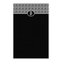 Black Silver Monogram Damask Stationery