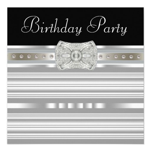 Black Silver Pearls Womans Birthday Party Custom Announcements