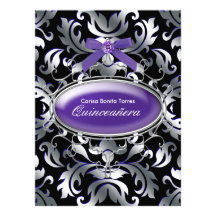 Black Silver Purple Damask Purple Quinceanera Announcements