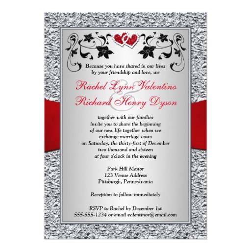 Black Silver Red Hearts, Floral Wedding Invitation
