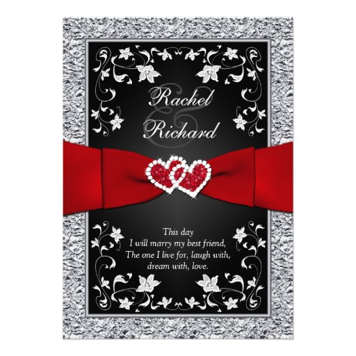 Black Silver Red Hearts, Floral Wedding Invitation