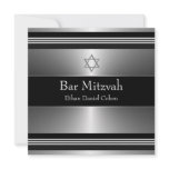 Black Silver Star of David Bar Mitzvah Personalized Announcements