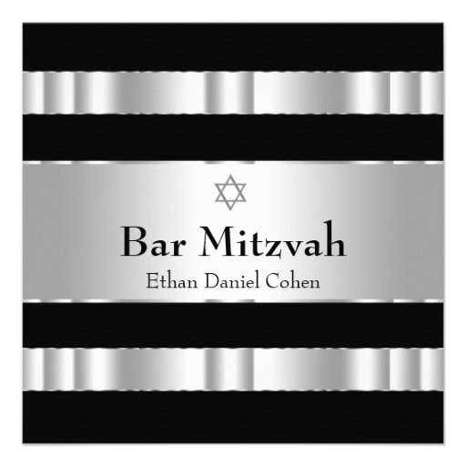 Black Silver Star of David Bar Mitzvah Invitation (front side)