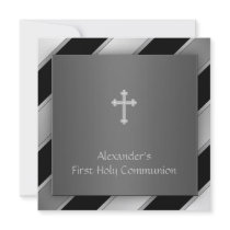 Black Silver Stripe Boy First Communion Invitations