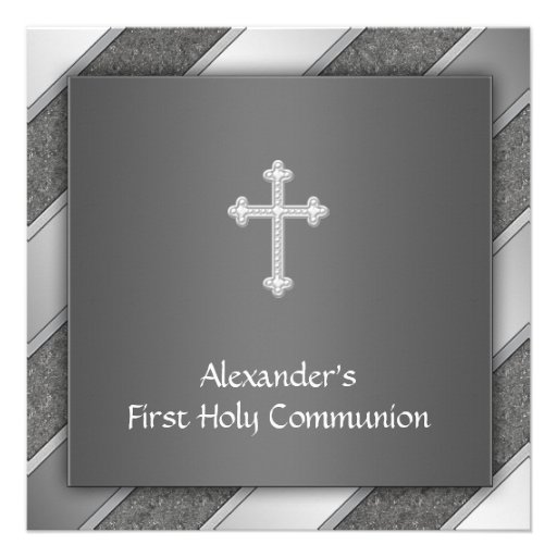 Black Silver Stripe Boy First Communion Invitation