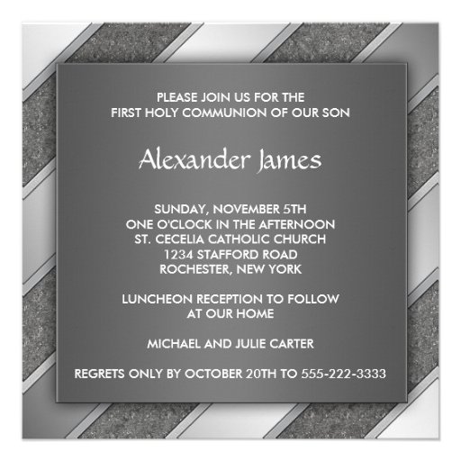 Black Silver Stripe Boy First Communion Invitation