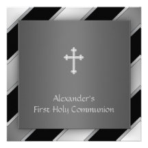 Black Silver Stripe Boy First Communion Invitations